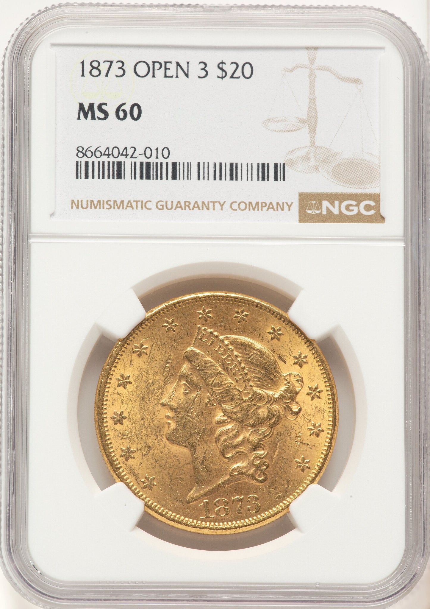 1873 $20 OPEN 3 Liberty Double Eagle NGC MS60