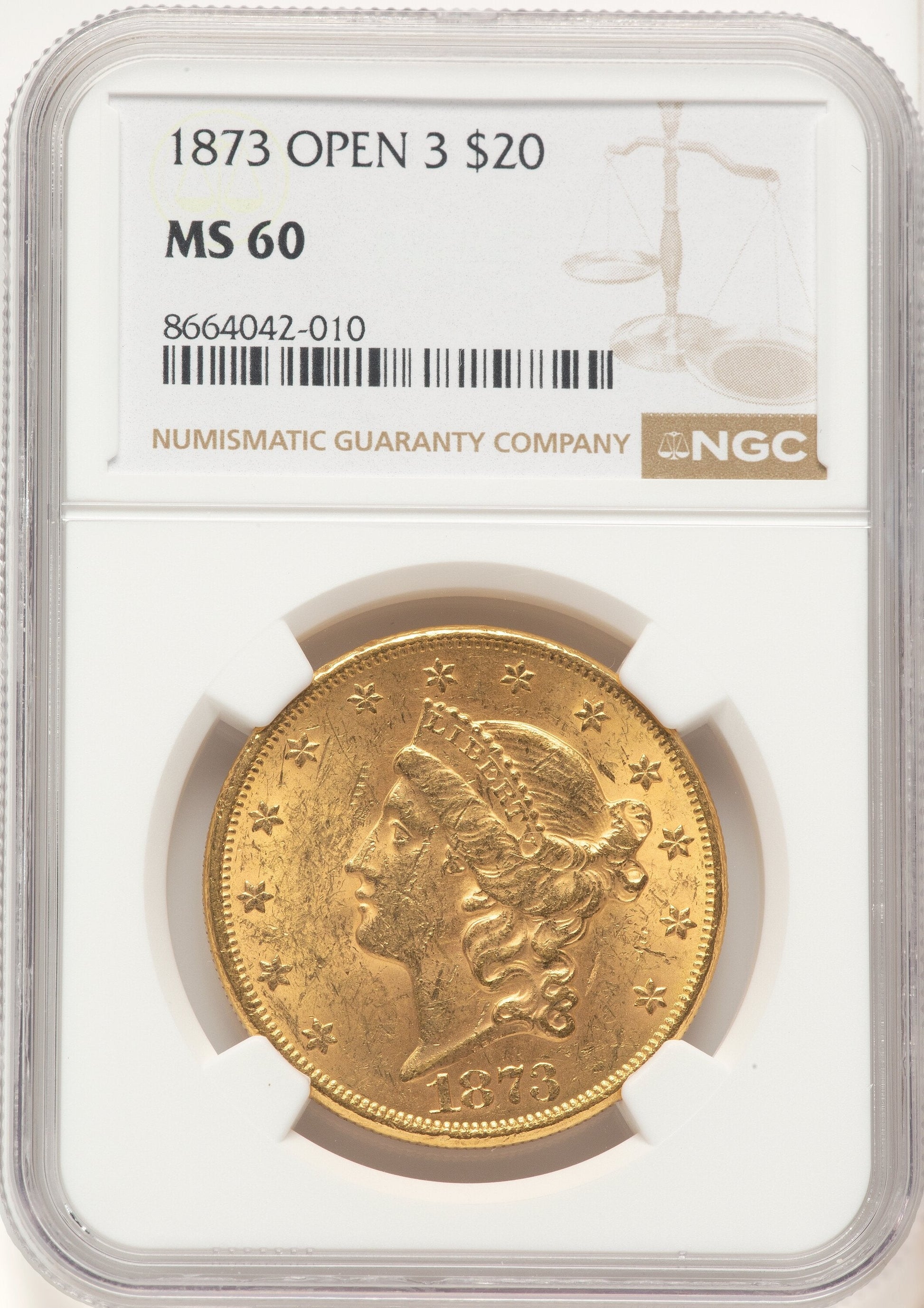 1873 $20 OPEN 3 Liberty Double Eagle NGC MS60