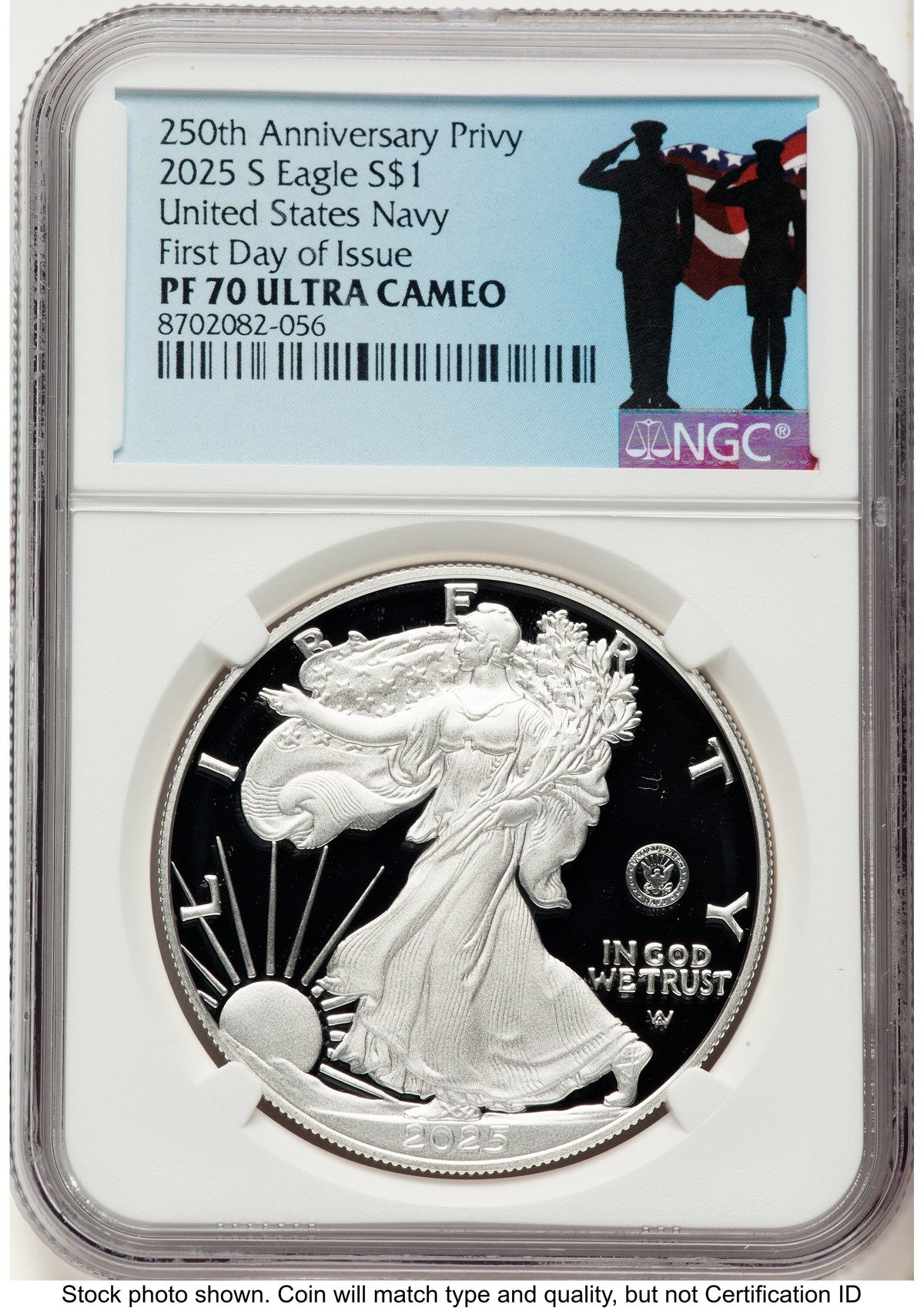 2025-S Proof Silver Eagle Privy U.S. Navy 250th Anniversary 1 oz FDI Military Honor Blue NGC PF70