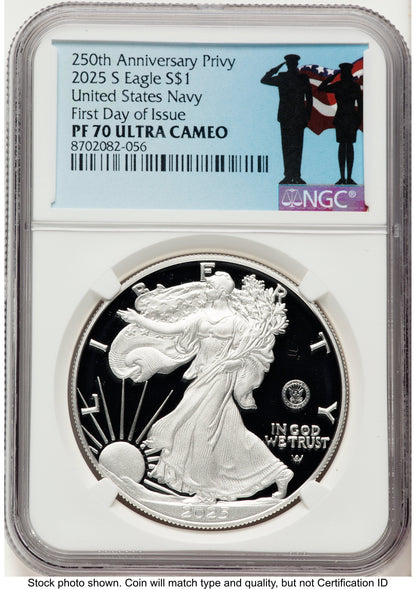 2025-S Proof Silver Eagle Privy U.S. Navy 250th Anniversary 1 oz FDI Military Honor Blue NGC PF70