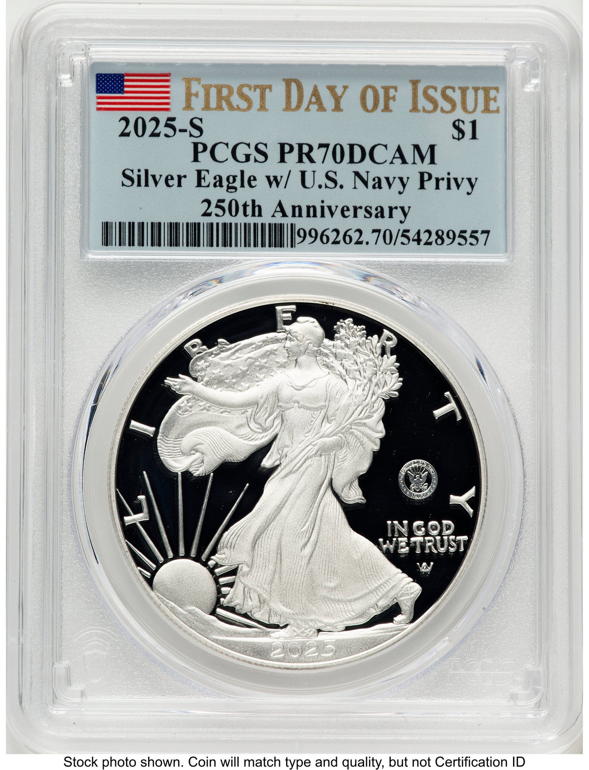 2025-S Proof Silver Eagle Privy U.S. Navy 250th Anniversary 1 oz FDI Flag PCGS PR70