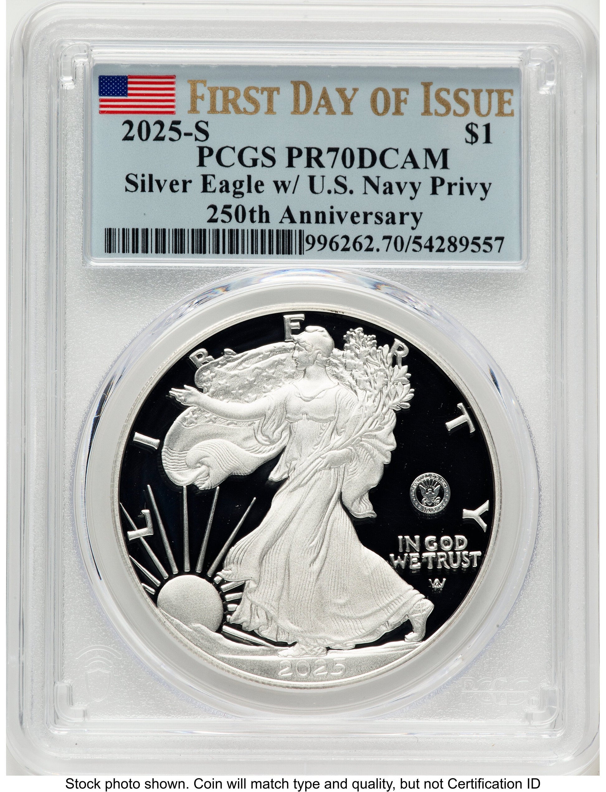2025-S Proof Silver Eagle Privy U.S. Navy 250th Anniversary 1 oz FDI Flag PCGS PR70