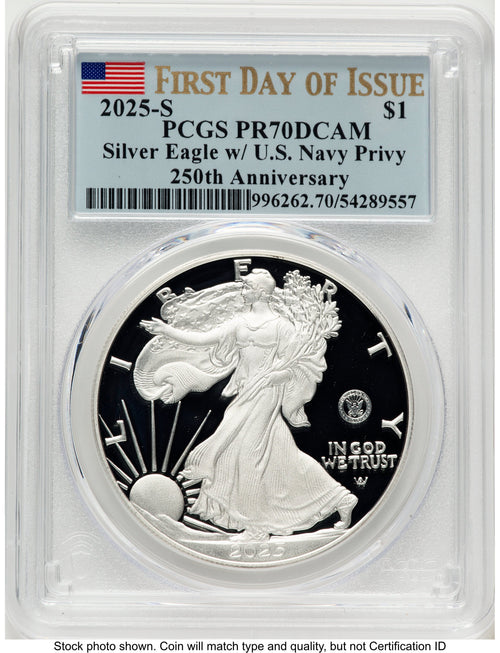 2025-S Proof Silver Eagle Privy U.S. Navy 250th Anniversary 1 oz FDI Flag PCGS PR70