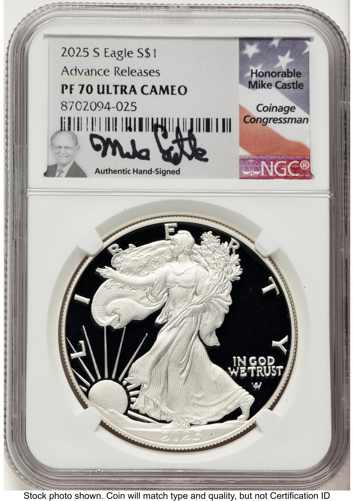 2025-S Proof Silver Eagle 1 oz AR Mike Castle NGC PF70