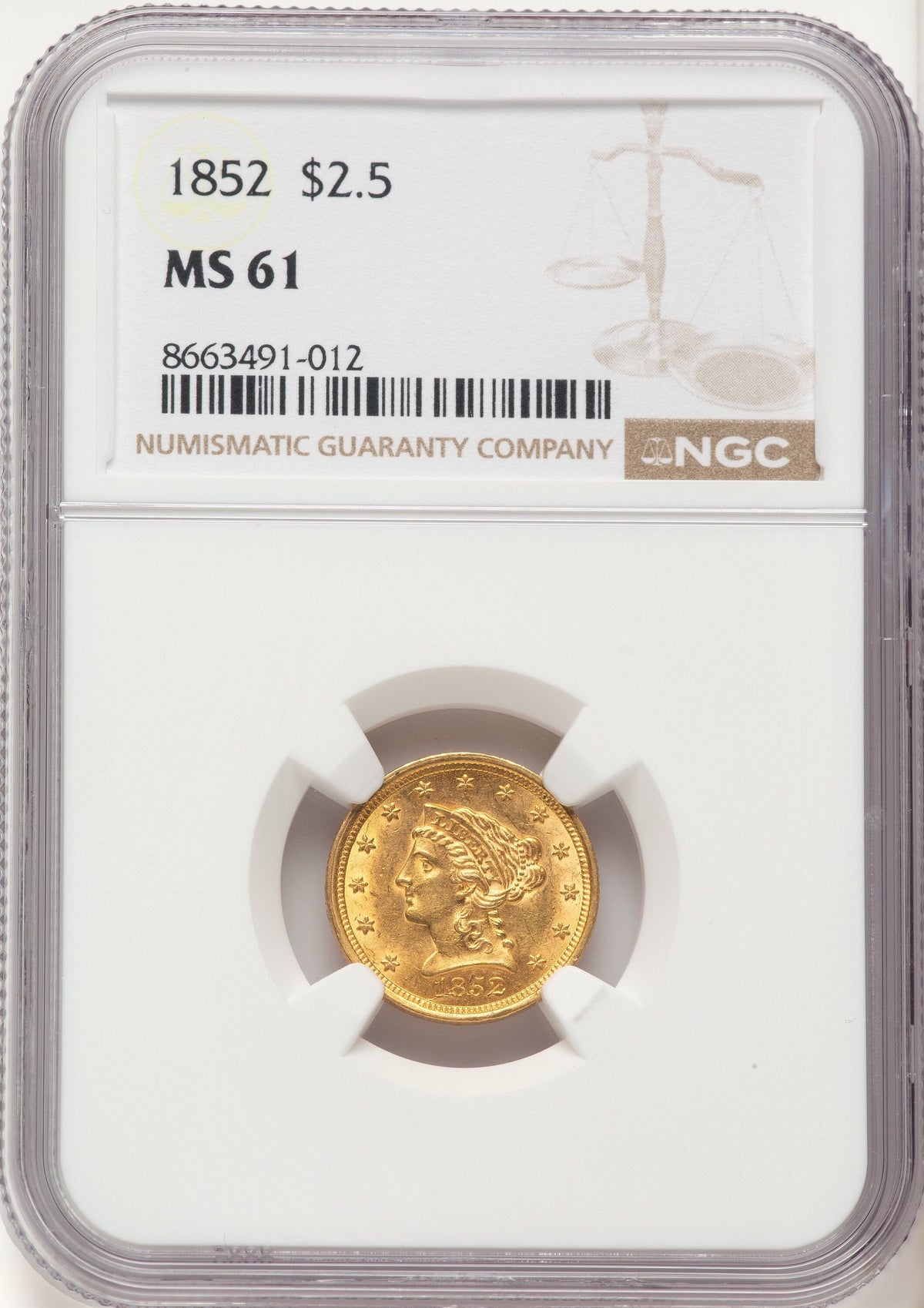 1852 $2.50 Liberty Quarter Eagle NGC MS61