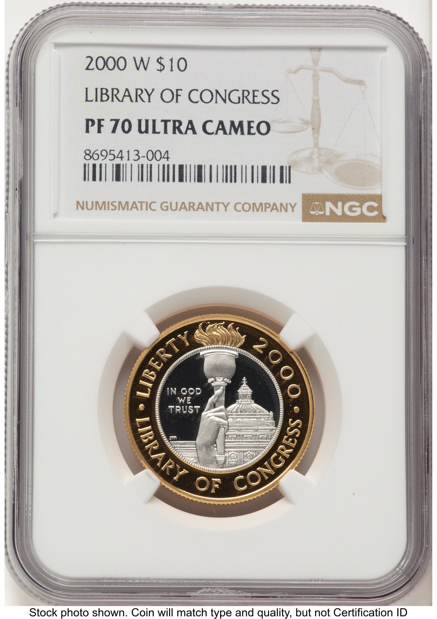2000-W $10 Library of Congress Bi-Metallic Gold 0.2509 oz and Platinum 0.2509 oz Brown Label Modern Issues NGC MS70