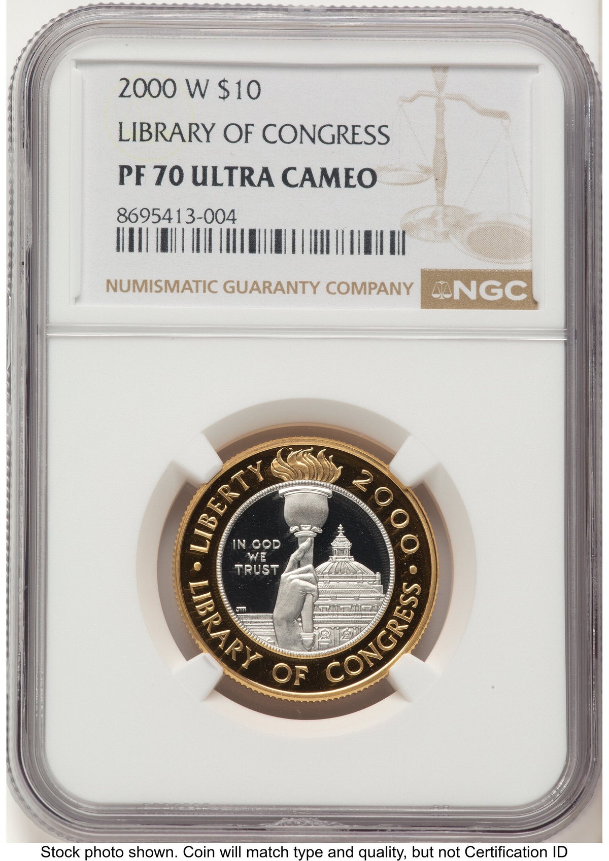 2000-W $10 Library of Congress Bi-Metallic Gold 0.2509 oz and Platinum 0.2509 oz Brown Label Modern Issues NGC MS70