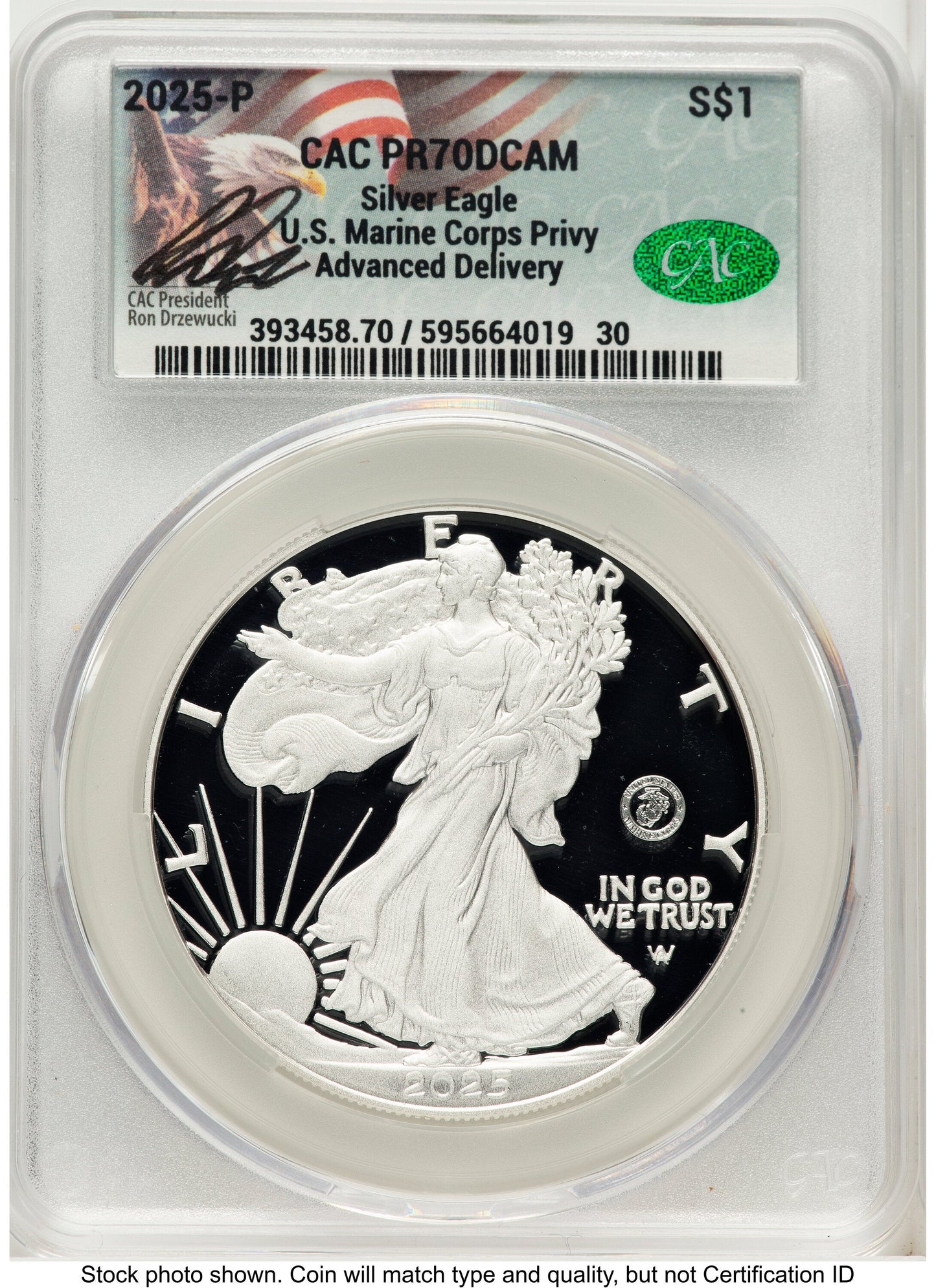 2025-P Proof Silver Eagle Privy U.S. Marine Corps 250th Anniversary 1 oz Advanced Delivery Ron Drzewucki CACG PR70