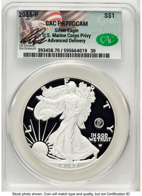 2025-P Proof Silver Eagle Privy U.S. Marine Corps 250th Anniversary 1 oz Advanced Delivery Ron Drzewucki CACG PR70