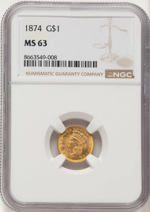 1874 G$1 Gold Dollar NGC MS63