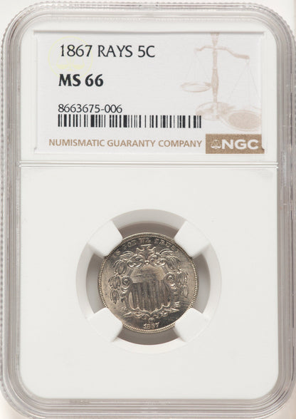 1867 5C RAYS Shield Nickel NGC MS66