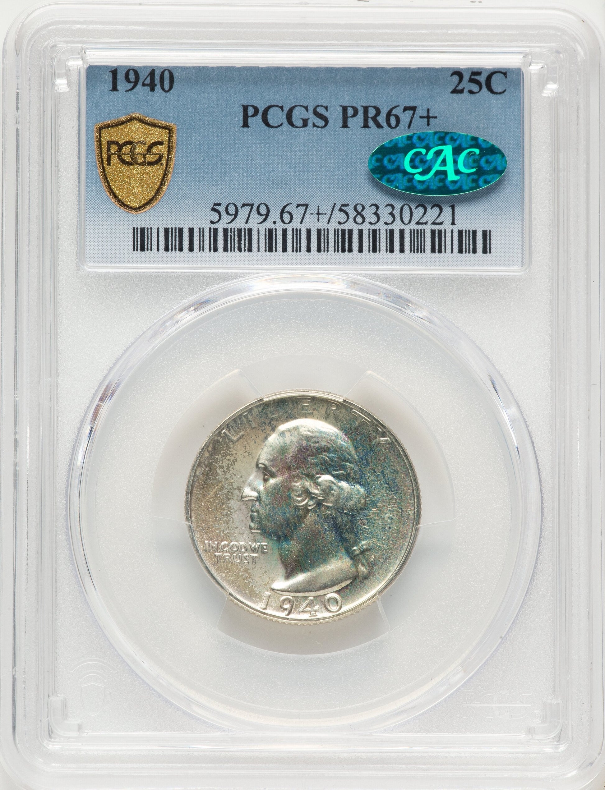 1940 25C CAC Proof Washington Quarter PCGS PR67+