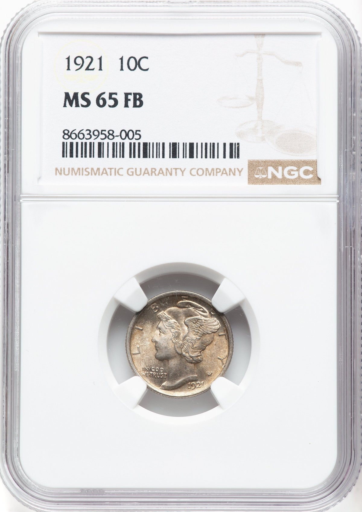 1921 10C FB Mercury Dime NGC MS65