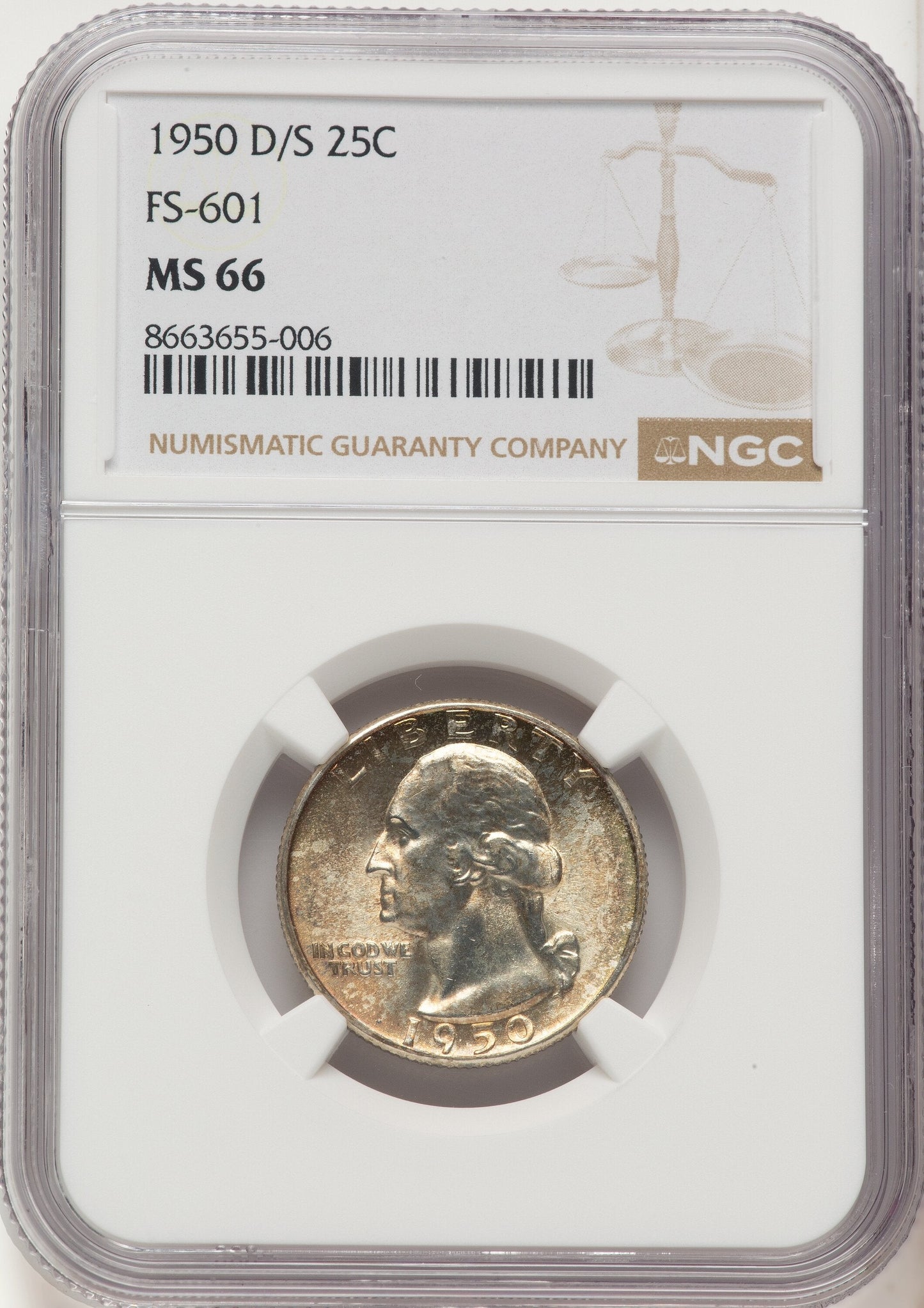1950-D/S 25C FS-601 Washington Quarter NGC MS66