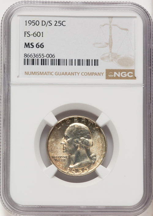 1950-D/S 25C FS-601 Washington Quarter NGC MS66