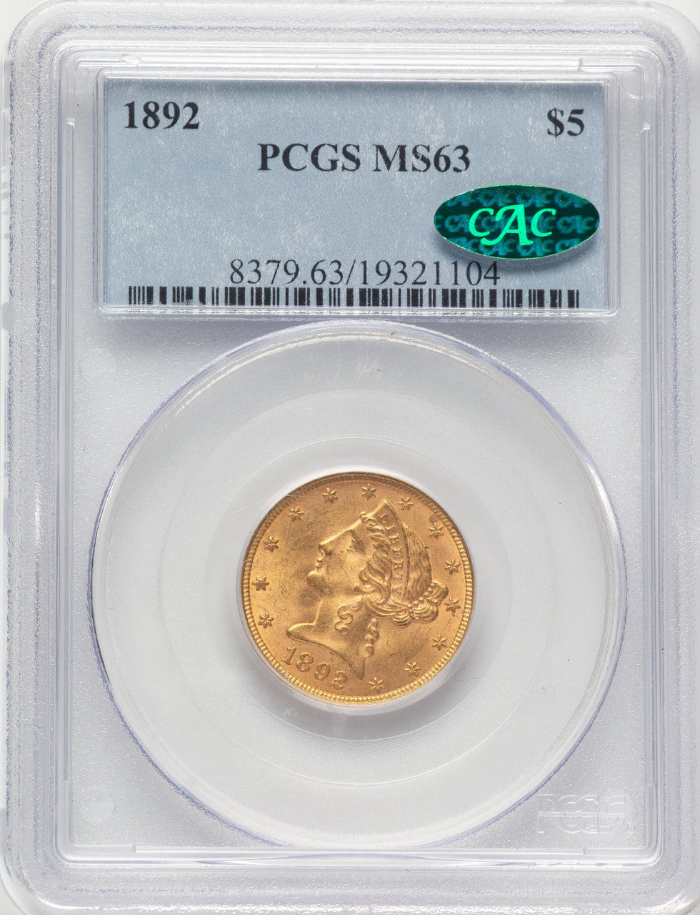 1892 $5 CAC Liberty Half Eagle PCGS MS63