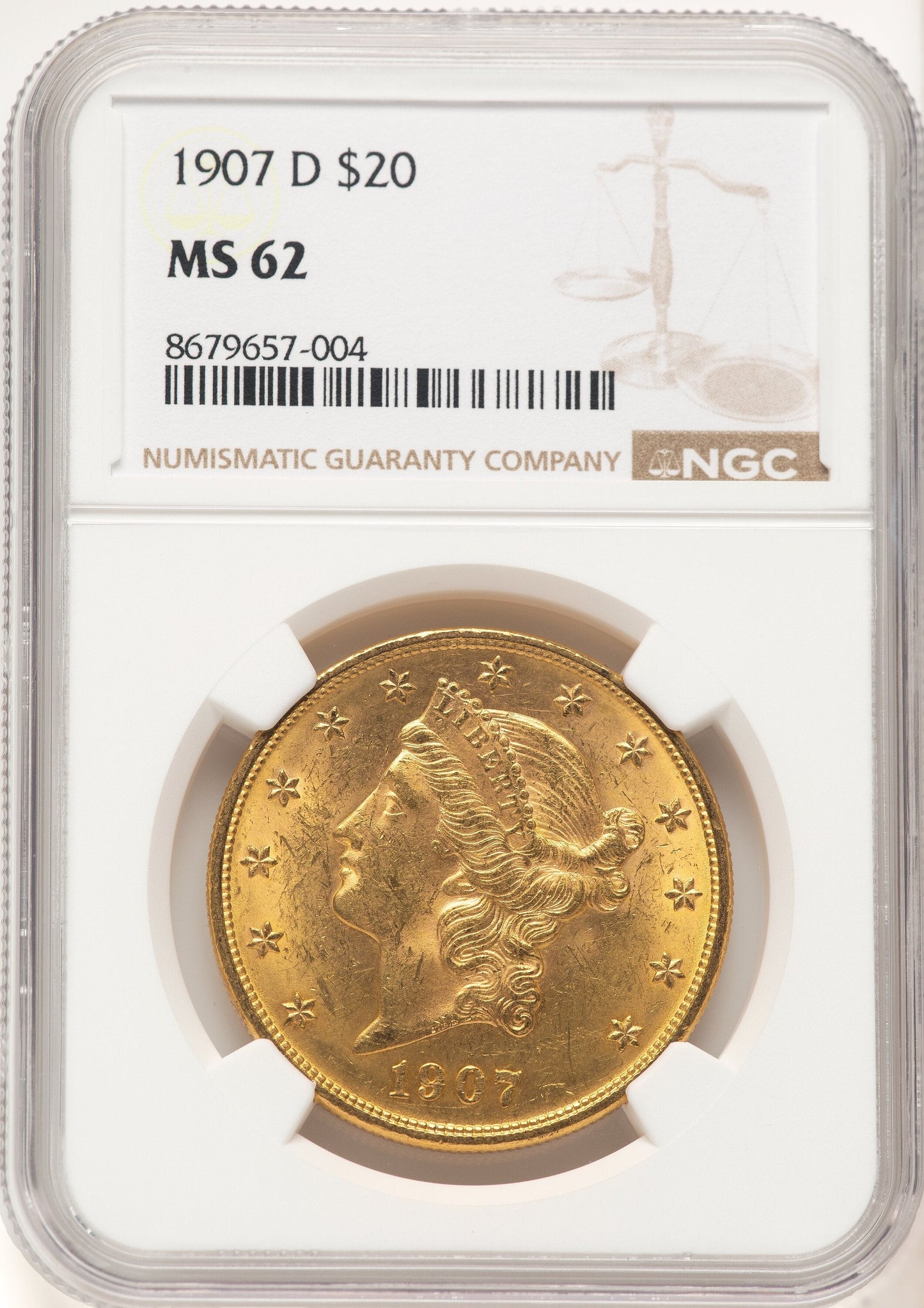 1907-D $20 Liberty Double Eagle NGC MS62