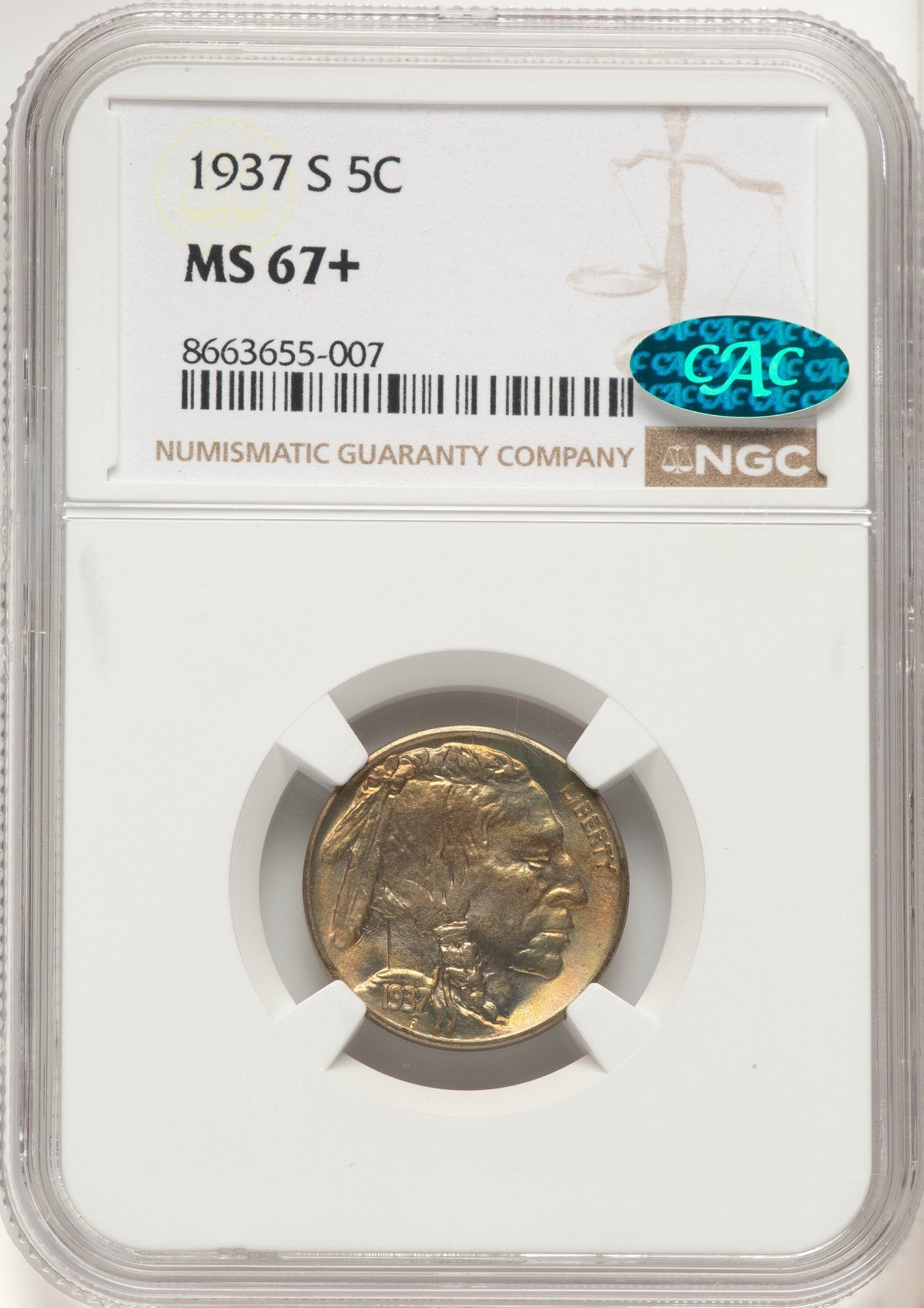 1937-S 5C CAC Buffalo Nickel NGC MS67+