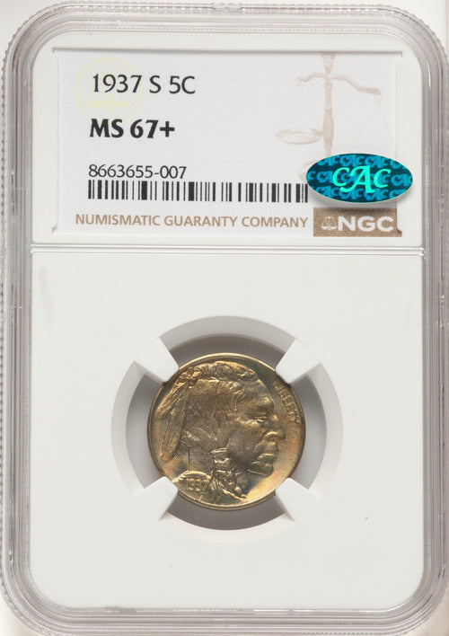 1937-S 5C CAC Buffalo Nickel NGC MS67+