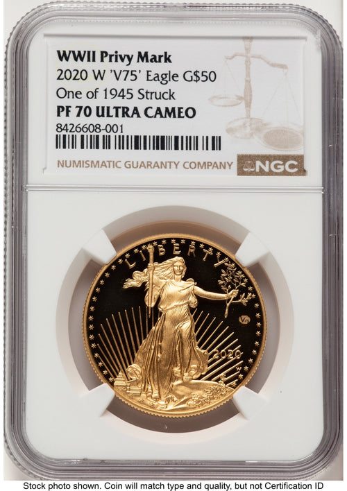 2020-W Proof Gold Eagle V75 Privy One of 1945 Struck 1 oz Brown Label NGC PF70