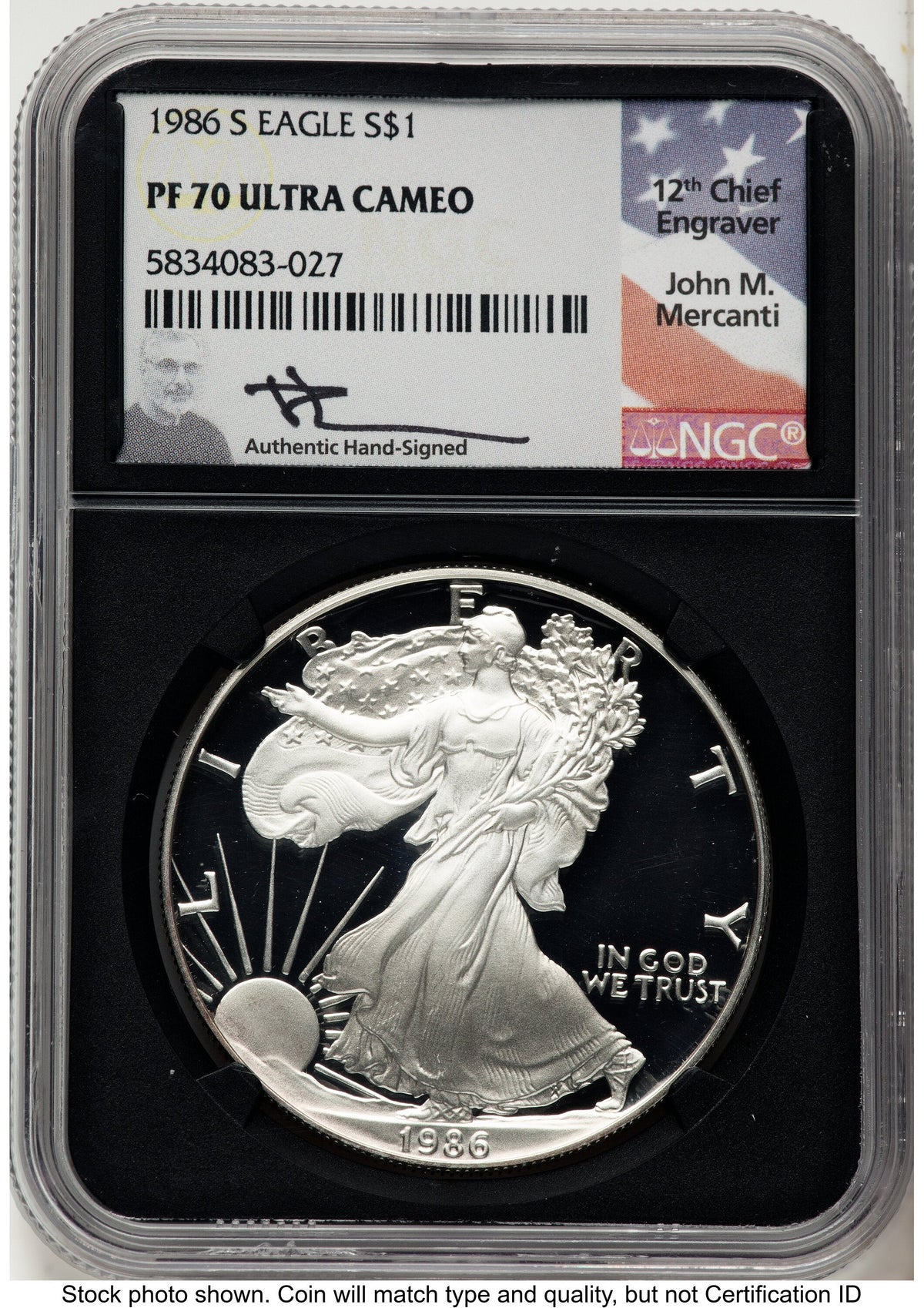1986-S Proof Silver Eagle 1 oz John NGC PF70 Mercanti