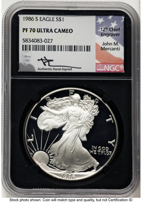 1986-S Proof Silver Eagle 1 oz John NGC PF70 Mercanti