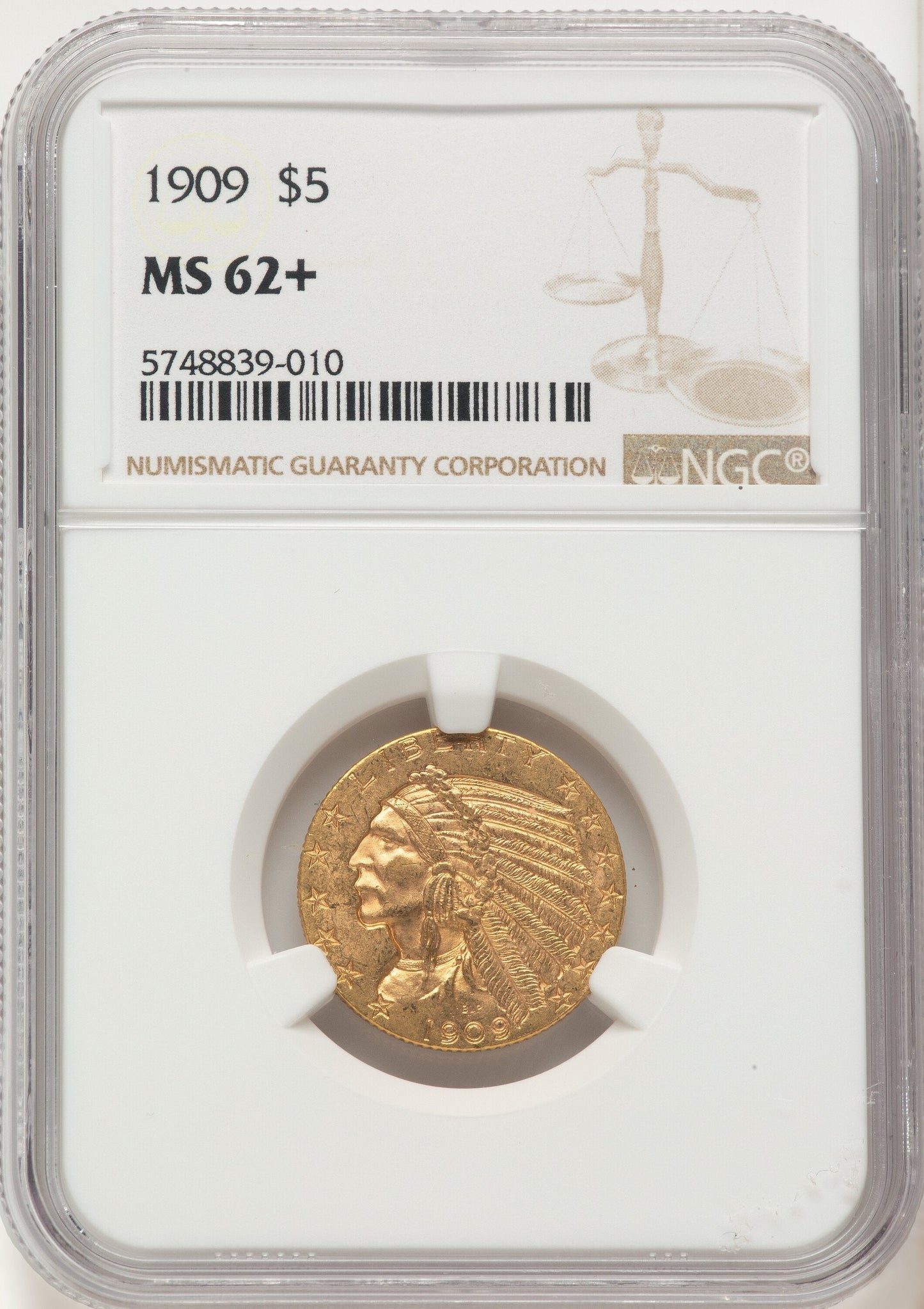 1909 $5 Indian Half Eagle NGC MS62+