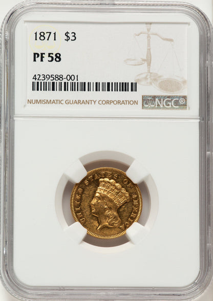 1871 $3 Proof Three Dollar Gold Pieces NGC AU58