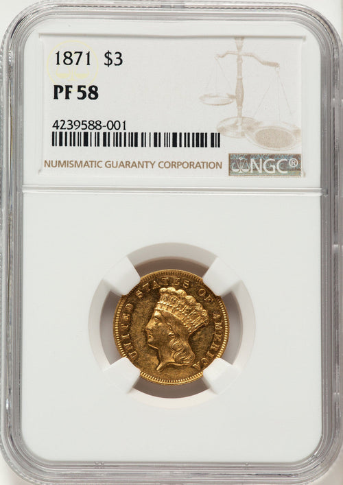 1871 $3 Proof Three Dollar Gold Pieces NGC AU58