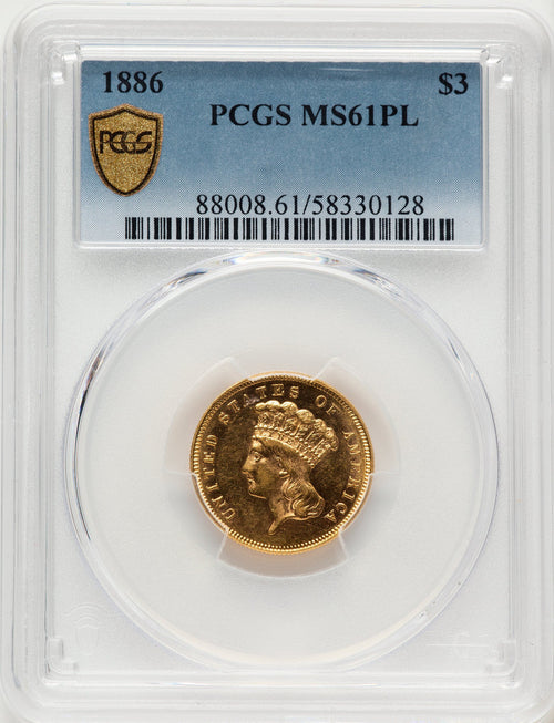 1886 $3 PL Three Dollar Gold Pieces PCGS MS61