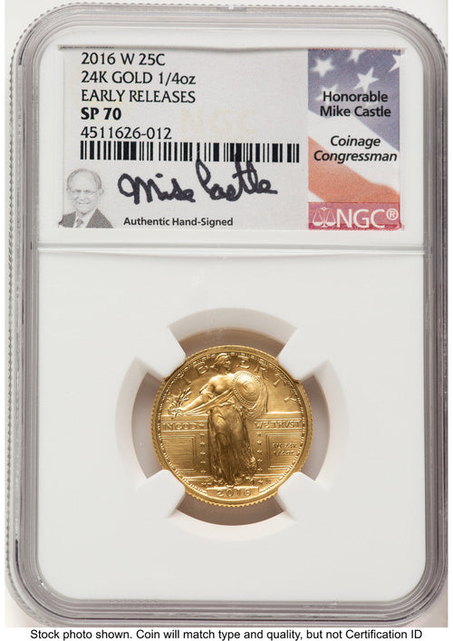 2016-W 25C Standing Liberty 100th Anniversary Gold Centennial ER Mike Castle NGC MS70