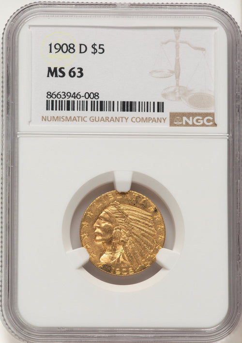 1908-D $5 Indian Half Eagle NGC MS63