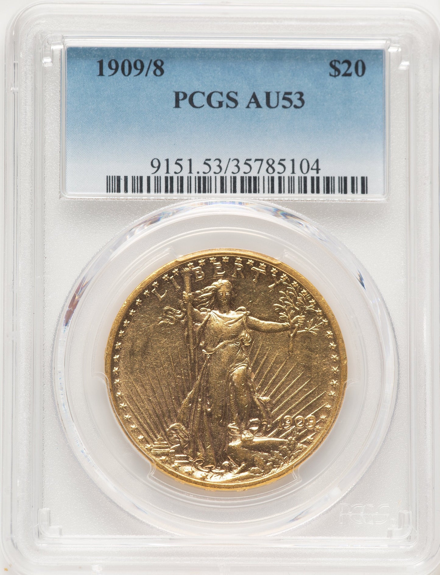 1909/8 $20 Saint-Gaudens Double Eagle PCGS AU53