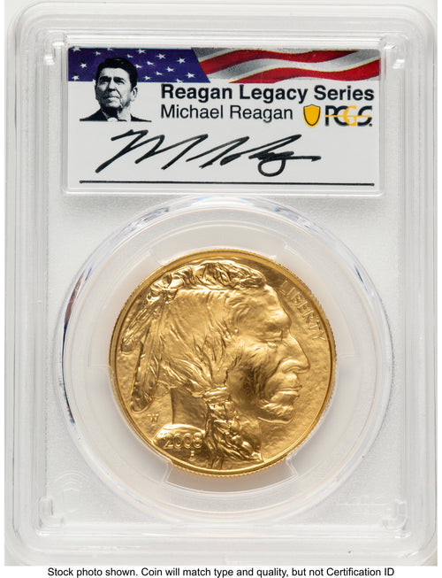 2008-W Burnished Gold Buffalo 1 oz Reagan Legacy Series Michael Reagan Picture PCGS MS70