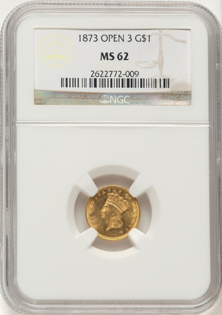1873 G$1 OPEN 3 Gold Dollar NGC MS62