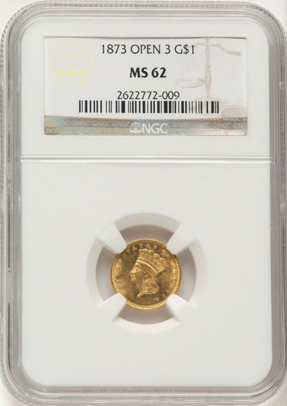 1873 G$1 OPEN 3 Gold Dollar NGC MS62