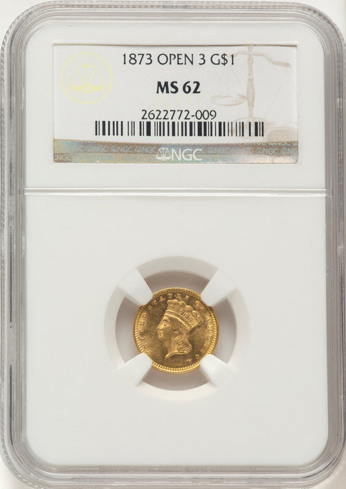 1873 G$1 OPEN 3 Gold Dollar NGC MS62