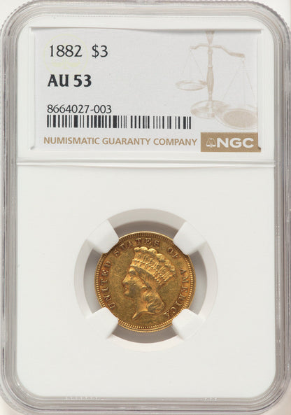 1882 $3 Three Dollar Gold Pieces NGC AU53