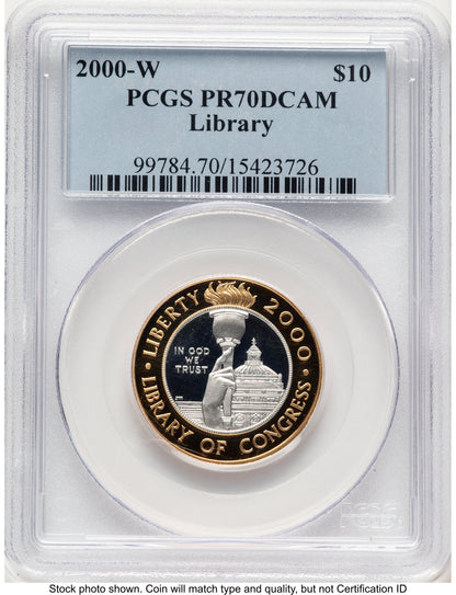 2000-W $10 Library of Congress Bi-Metallic Gold 0.2509 oz and Platinum 0.2509 oz Blue Label Modern Issues PCGS MS70