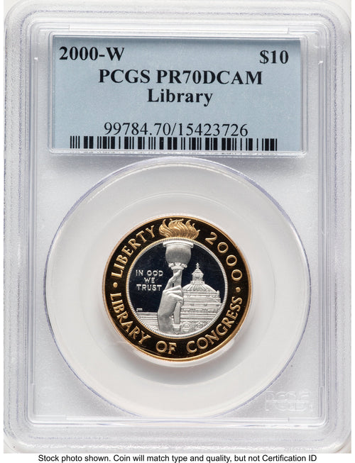 2000-W $10 Library of Congress Bi-Metallic Gold 0.2509 oz and Platinum 0.2509 oz Blue Label Modern Issues PCGS MS70