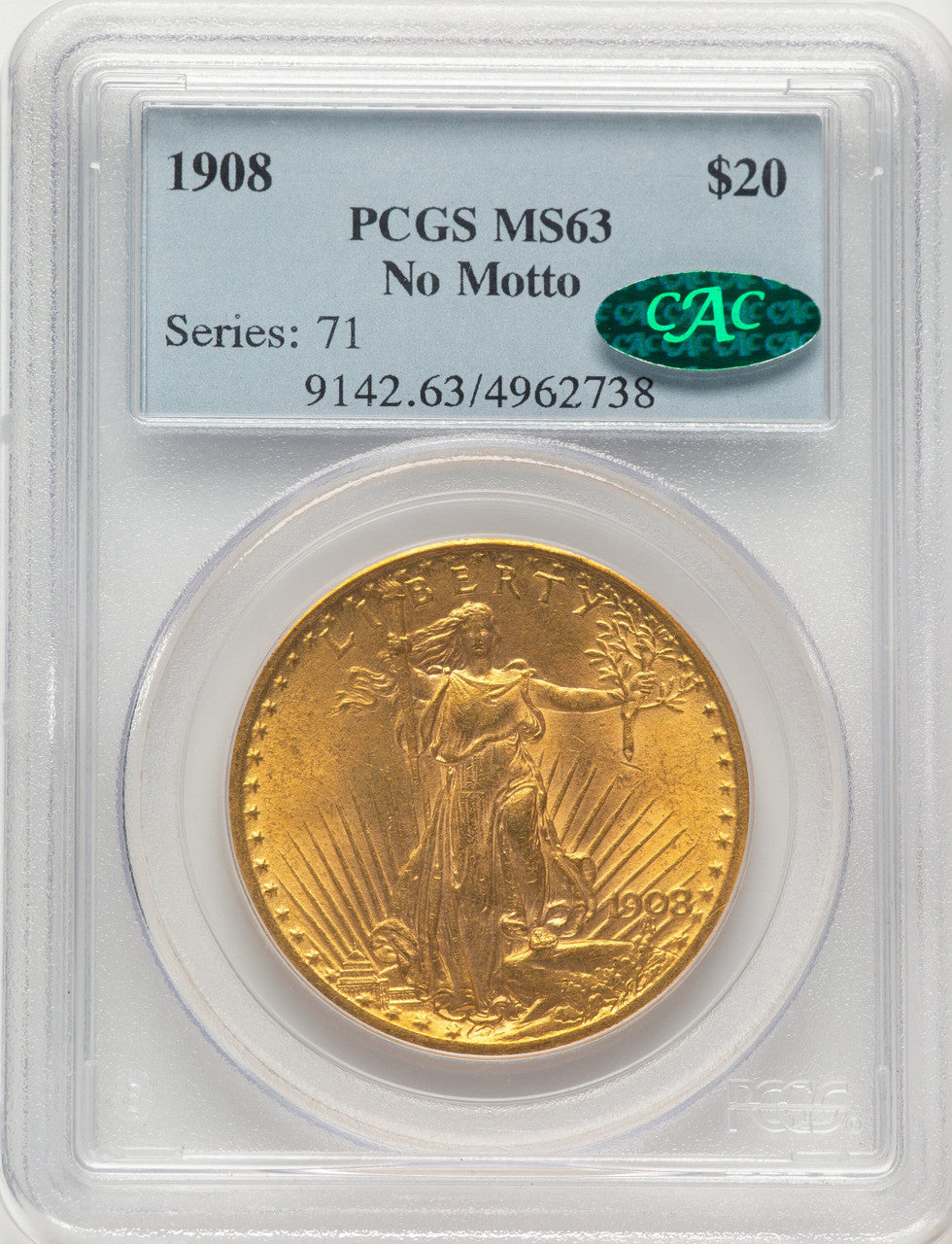 1908 $20 NO MOTTO CAC Saint-Gaudens Double Eagle PCGS MS63