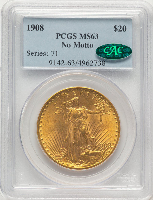 1908 $20 NO MOTTO CAC Saint-Gaudens Double Eagle PCGS MS63