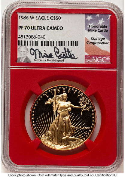 1986-W Proof Gold Eagle 1 oz Mike Castle Red Core NGC PF70