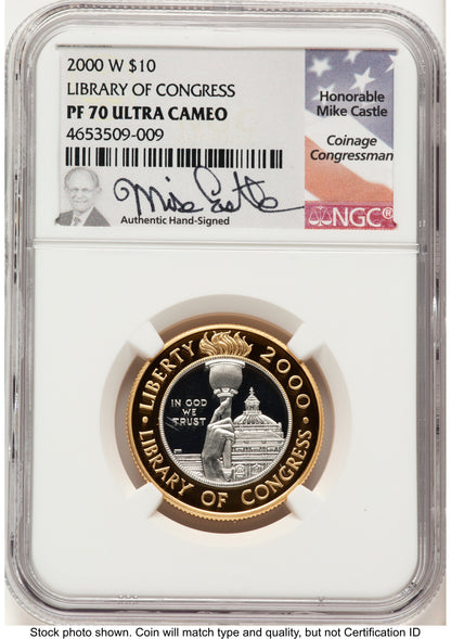 2000-W $10 Library of Congress Bi-Metallic Gold 0.2509 oz and Platinum 0.2509 oz Mike Castle Modern Issues NGC MS70