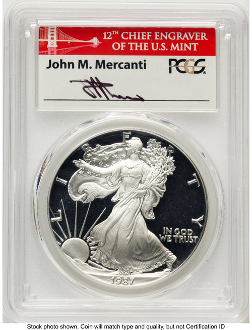 1987-S Proof Silver Eagle 1 oz John Bridge PCGS PR70 Mercanti
