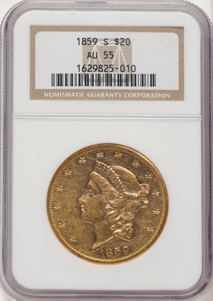 1859-S $20 Liberty Double Eagle NGC AU55