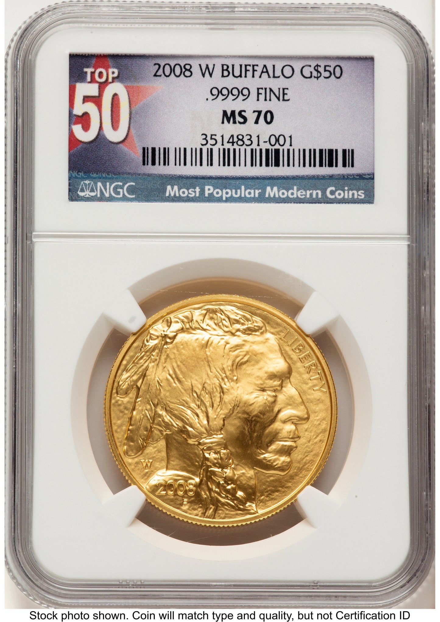 2008-W Burnished Gold Buffalo 1 oz Top 50 Most Popular Modern Coins Label NGC MS70