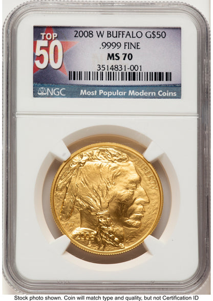 2008-W Burnished Gold Buffalo 1 oz Top 50 Most Popular Modern Coins Label NGC MS70
