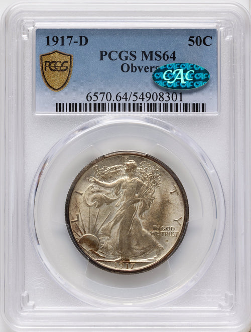 1917-D 50C OBVERSE CAC Walking Liberty Half Dollar PCGS MS64