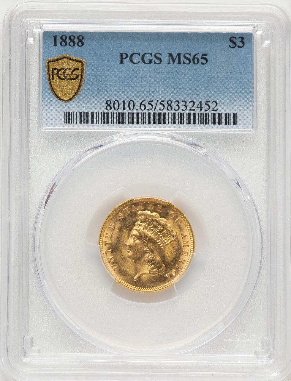 1888 $3 Three Dollar Gold Pieces PCGS MS65